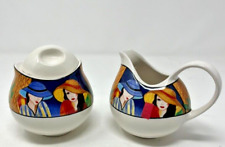 Vintage Sango Decorative Colorful Cafe Paris Oval Covered Sugar Bowl And Creamer picture