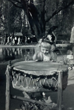 Little Girl Pounding On Drum At Disneyland 1956 B&W Photograph 3.5 x 5 picture