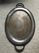 Vintage 1950s Engraved Oval Silver Plate Serving Tray W/ Handles Rope Edge 16