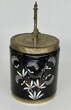 Antique Black Glass Biscuit Jar Asian Moriage Cranes And Bamboo Ornate Handle picture