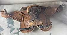 Mini Western Saddle Decor 9 x 22 in Brown Tooled Cowboy Leather Office picture