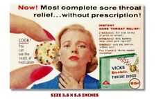 VICKS THROAT DISCS WITH MEDICATION BEADS FRIDGE MAGNET OLD AD 1959 3.5 X 5.5 picture