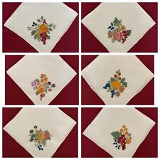6 Loretta Caponi Vintage ITALIAN Linen NAPKINS Hand-Embroidered Fruit Patterns picture