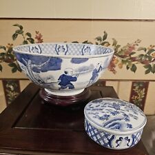 3-piece Vintage Japan Hand Painted Blue White Ceramic Bowl Rosewood Stand & Box picture