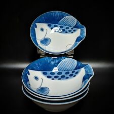 Fugu Fish Japanese Rice Bowls Blue & White  Set of 4 5” X 1 3/4”  picture