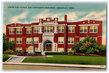 c1940's Senior High School and Confederate Monument Greenville Texas TX Postcard picture
