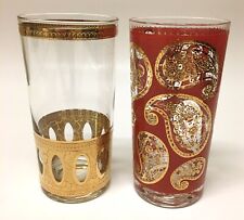 Vintage Culver Ltd 22 KT Gold Antiqua and Red Paisley High Ball Glasses~Set of 2 picture