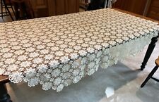 Vintage IVORY Hand Crocheted Tablecloth For Oval Table 71 X 56 Flower Pattern picture