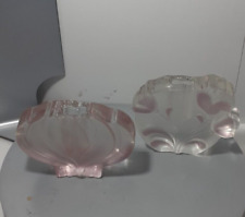 Vintage West Germany Walther Glass Bud Vases Frosted Pink Lotus & Tulips Set x 2 picture