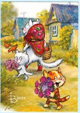 R.Zenyuk Russian postcard Village CAT HAPPY KITTENS go FOR VISIT Flowers Hens picture