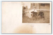 c1910s Jewish Boy Child Yarmulke Candid  Labrador Dog Bowtie RPPC Photo Postcard picture