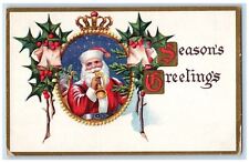 c1910's Christmas Greetings Santa Claus Trumpet Holly Crown Antique Postcard picture