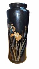 Vintage Made In Japan Black Vase Iris Dragonfly Gold Metallic 10 3/4