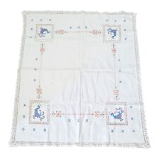 Vintage Peacock Cross Stitched White Cotton Table Square 37