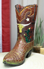Rustic Western Texas Longhorn Faux Crocodile Prints Cowboy Boot Vase Figurine picture
