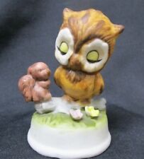 #66644 Small Antique Bisque Porcelain Owl & Little Squirrel Figurine Taiwan  picture