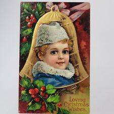 Loving Christmas Wishes Embossed Victorian Vintage c1909 Postcard Boy Bell Holly picture