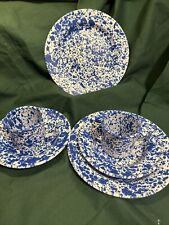 Crow Canyon (?) Splatter/Spatter Enamelware Set For 2-Plate, Bowl, Mug ~ BLUE/WH picture