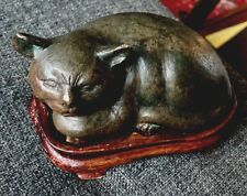 Vintage / Antique Bronze Sculpture ~ Heavy Small Resting Cat On Wood Base picture