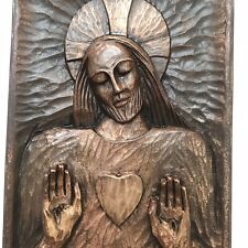 Vintage French Sacred Heart Jesus Copper Wall Plaque Hanging Christ M. Thevenet picture