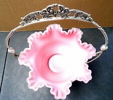 Fabulous Victorian Peach Blow Bride's Basket With Silver Plate Holder 10