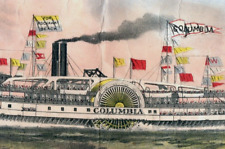 1880s Large Poster Scrap Side Paddle Steamer Columbia Flags Sea Fab #7F picture