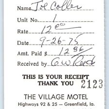 1975 Greenfield, Iowa Village Motel Registration Receipt Card Hotel Room Vtg C2 picture