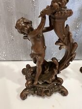 Pair of Antique French Ornate Bronze Putti Figural Candlesticks  picture