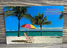 Vintage Postcard Relax In Florida Beach Ocean Palm Trees Chair Umbrella  picture