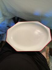 Vtg enamelware art deco octagonal  platter white red trim 10.5x14.5 primitive picture