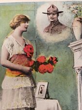 C 1918 Girl Holds Red Roses For Soldier Remembrance Ever In My Thoughts Postcard picture