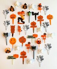 Vintage 1960s & 70s Halloween Cake Toppers & Rings Pumpkin, Witch, Rosbro Cat picture