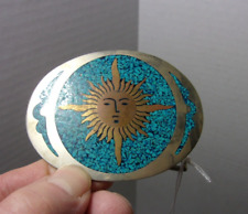Vintage Mexico Crushed Turquoise Native Belt Buckle Sun Face picture