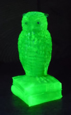 Vintage Degenhart Vaseline Uranium Glass Small Owl Figurine Paperweight - 3 1/2