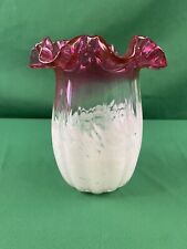 VTG Fenton Vase White Spatter with Cranberry Glass and Ruffled Edges 7.5
