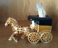 ADORABLE BROWN CERAMIC HORSE & BUGGY TOOTHPICK HOLDER FIGURINE
