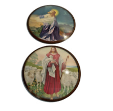 Vtg Jesus sheep &Prayer Round Picture Bubble Convex Glass Religious Wall Art  6” picture