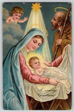 Christmas Nativity Baby Jesus Mary Joseph Angel Embossed Antique Postcard 1908 picture
