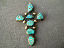 OLD Southwestern Native American Turquoise Cluster Sterling Silver Cross Pendant picture