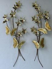 Pair Vintage Brass Copper Dogwood Flower Butterfly Mid Century Hanging Wall Art picture
