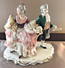 Vintage Dresden Art Porcelain Victorian Dancing Couple w/ Parrot 7-1/2