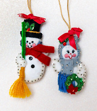 Vintage Bucilla Snowman Snowlady Felt Handmade Ornaments picture