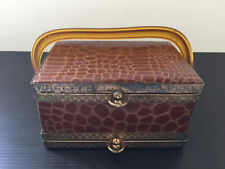 Vintage Mock Croc gator Leather jewelry box 2 CMPTs w/ handle & Brass Fixtures picture