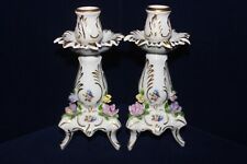 Gorgeous Pair of Dresden Candle Holders, Hand Painted, Flowers, Gold Gilt, 7.5
