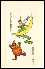1911 Halloween Greetings Postcard Witch on Moon & Anthropomorphic Pumpkin Man picture