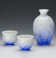 Kyo Kiyomizu Ware Japanese Sake Set Flower Crystal Pattern White Blue From Japan picture
