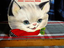 Vintage Merry Christmas NANA 1950 unused HALLMARK die-cut  flocking KITTY WISHES picture