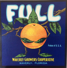 Vintage original 1940s FULL Waverly Growers Coop Florida Orange Label leaf man picture