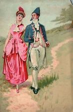 1880s-90s Victorian Dressed Man and Woman in Pink and Blue Meadow Trade Card picture