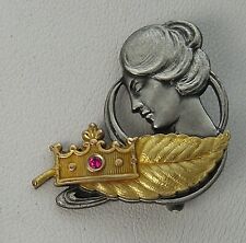 Sterling & Gold Art Nouveau Woman L&M Silver Anniversary Ruby Pin Tobacco Leaf picture